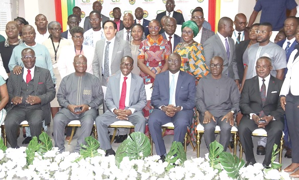 Alban Bagbin (seated 3rd from left), Speaker of Parliament; Andrew Asiamah Amoako (seated left), Deputy speaker of Parliament; Osei Kyei-Mensah-Bonsu (seated 2nd from left), Majority Leader; Dr Cassiel Ato Forson (seated 3rd from right), Minority Leader; Ebenezer Ahumah Djietror (seated right), Ag. Deputy Clerk, Legislative Management Division of Parliament, and some dignitaries after the event. Picture: ELVIS NII NOI DOWUONA