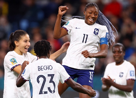Kadidiatou Diani of France (middle) celebrates a goal during their FIFA Women's World Cup 2023 group F match against Panama at the Sydney Football Stadium in Australia earlier today