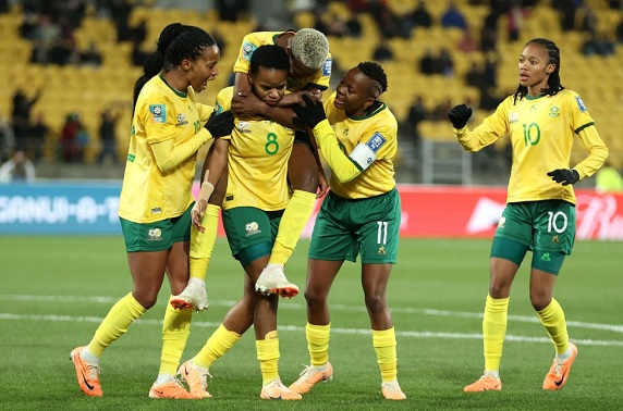 The South Africans celebrating after scoring 3-2 to progress to the last 16 of the FIFA Women’s World Cup at the Wellington Regional Stadium