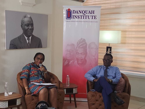 Dr Antoinette Tsiboe-Darko, the Executive Director of DI, in discussion a with Dr Lawrence Boakye, a Senior Lecturer at UG