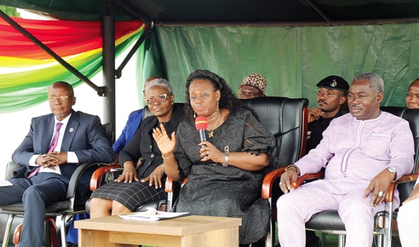 Justice Gertrude Torkonoo (middle) interacting with the people of Akwatia during the sensitisation programme. Looking on is Henry Boakye Yiadom (right), MP for Akwatia, and Justice Gifty Dekyem, the Eastern Regional Supervising High Court judge