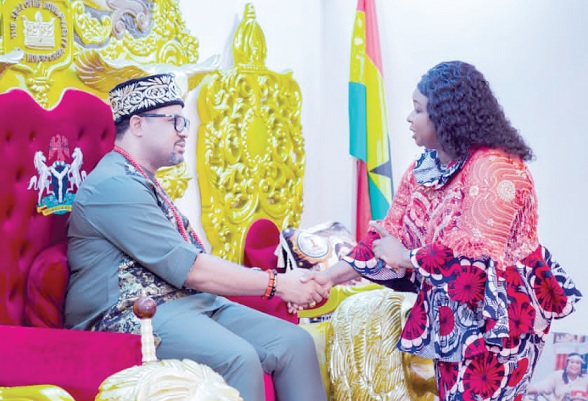 Eze Dr Chukwudi Ihenetu (seated) welcoming Dr Beatrice Wiafe Addai to his palace