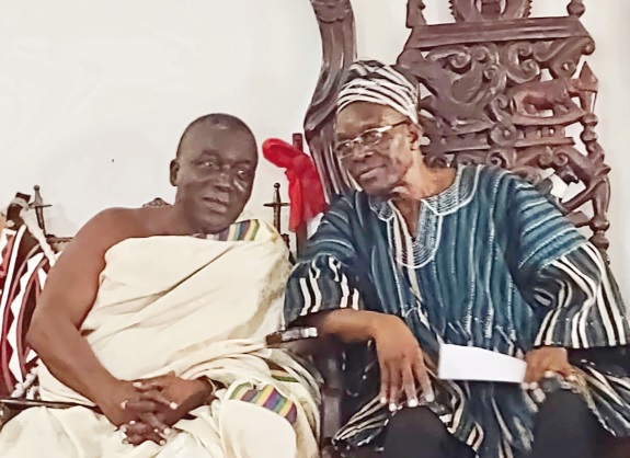 Nana Kobina Nketsia V (left), the Paramount Chief of Essikado Traditional Area, interacting with Alban Sumana Kingsford Bagbin, Speaker of Parliament