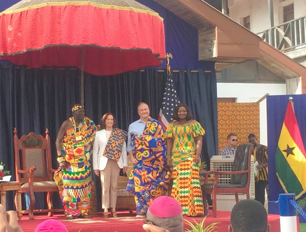 Kamala Harris (2nd from left), US Vice-President, and  Douglas Emhoff, her husband, with Osabarimba Kwesi Atta II (left),  Omanhene of the Oguaa Traditional Area, and Justina Marigold Assan (right), Central Regional Minister
