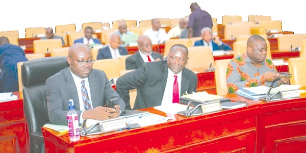 Front bench of Minority in Parliament. From left: Dr Cassiel Ato Forson, Minority Leader; Emmanuel Armah Kofi Buah, Deputy Minority Leader, and Kwame Governs Agbodza, Minority Chief Whip 