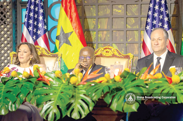 President Akufo-Addo flanked by Kamala Harris, Vice-President of the United States, and her husband, Douglas Emhoff