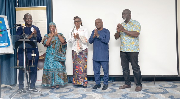 Jonathan Ababio (right), President of the Ghana Association of Jewellers; Judy N. Crayem (2nd from left), Chief Executive Officer of Rapport Services; Professor Alexander Dodoo (left), Chief Executive Officer of the Ghana Standards Authority, and other dignitaries applauding after launching the Gold Statement event
