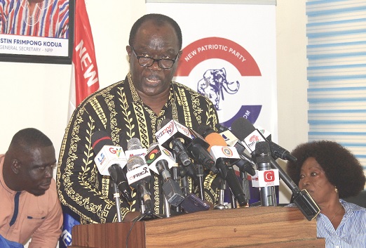 Abankwa Yeboah, Vice-Chairman, NPP Presidential Election Committee, addressing journalists in Accra. Picture: ERNEST KODZI