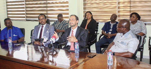 Sergio Mujica (middle), Secretary General, International Standards Organisation, addressing the media. With him are Prof. Alex Dodoo (right),  Director General, Ghana Standards Authority, and Dr Hermogène Nsengimana (right), Secretary General of the African Organisation for Standardisation. Picture: ERNEST KODZI