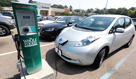 An electric vehicle being charged at a charging point