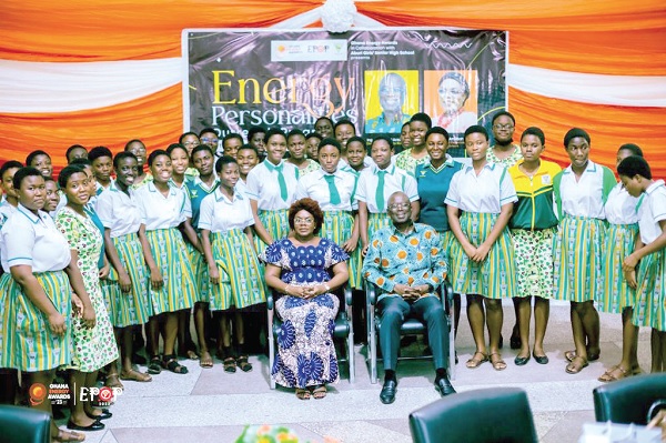 Emmanuel Antwi-Darkwa and Harriette Amissah-Arthur, Energy award personalities seated in front row with some students of Aburi Girls Senior High School