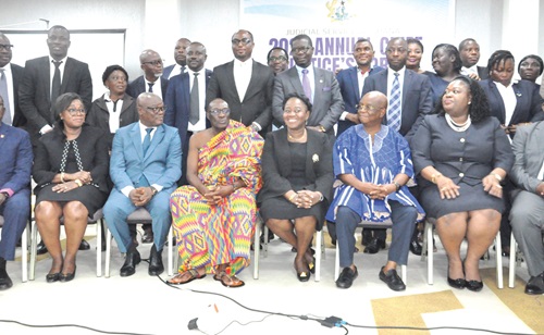 Justice Gertrude Sackey Torkornoo (seated, 3rd from right), the Chief Justice; Togbe Tepre Hodo (seated, 3rd from left), President, Volta Regional House of Chiefs; Dr Archibald Yao Letsa (2nd from right), Volta Regional Minister, with some of the participants