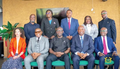 Kojo Oppong Nkrumah (seated middle), Minister of Information, with some facilitators and judges at the workshop