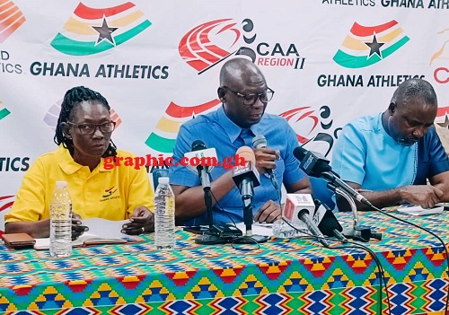 • Bawa Fuseini (middle), GA President, addressing the media at yesterday's press briefing.  He is flanked by Comfort Selby Agyapong and Charles Osei Assibey (right), GA Vice Presidents