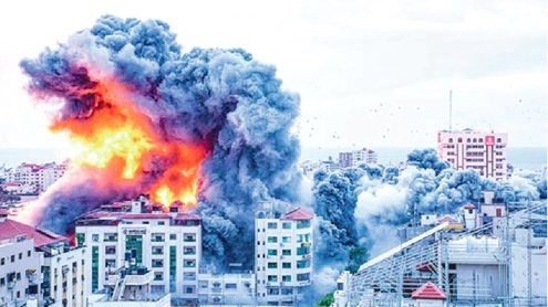 Fire and smoke rises following an Israeli airstrike, in Gaza City, Saturday, Oct. 7, 2023. CREDIT: AP Photo/Fatima Shbair
