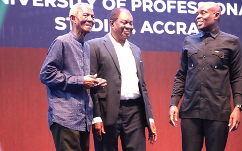 Prof. Abednego Okoe Amartey (right), Vice-Chancellor of the University of Professional Studies, Accra (UPSA) in a discussion with Dr Kofi Ohene Konadu (2nd from left), Chairman, UPSA Governing Council, and Kwame Pianim (left), a renowed economist, after the lecture. Picture: EDNA SALVO-KOTEY
