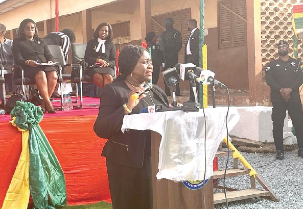 Justice Gertrude Sackey Torkornoo (with mic), the Chief Justice, delivering a speech at the inauguration of the Kotobabi District Court
