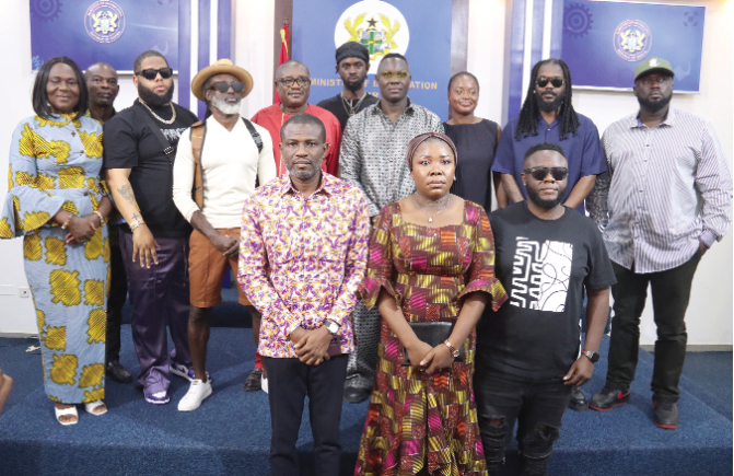 Mark Okraku Mantey (arrowed), Deputy Minister of Tourism, Arts and Culture, with Fatimatu Abubakar (middle), Deputy Minister of Information; Gyankroma Akufo-Addo (3rd from right, back row), Director, Creative Arts Agency Ghana; Samini; Reggie Rockstone; D Black; Black Sherif and some members of the creative industry after the press conference in Accra. Picture: ELVIS NII NOI DOWUONA