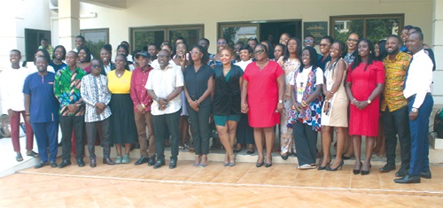 Akwasi Agyemang (6th from left), Chief Executive Officer, Ghana Tourism Authority (GTA); Alain Ferolle Mboungou (5th from left), the Coordinator of MYFELP.COM; Dentaa Amoateng (4th from left), Board Member of GTA, and graduates of the Ghana Cares Obaatanpa French Language training programme in Accra. Picture: ESTHER ADJORKOR ADJEI