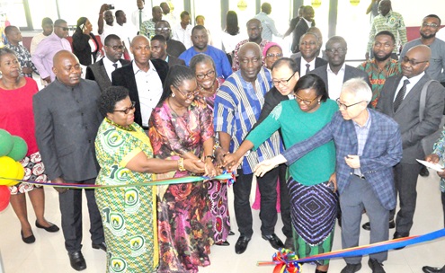 Ursula Owusu-Ekuful (2nd from left), Minister of Communications and Digitalisation, joined by Professor Lydia Aziato (left), Vice-Chancellor of UHAS, and other dignitaries to inaugurate the centre