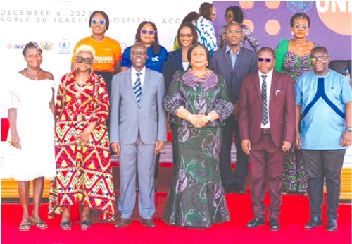Deborah Nkrumah (left), fistula survivor, with Rebecca Akufo-Addo (3rd from right), First Lady; Barbara Clements (2nd from left), World Food Programme; Dr Kofi Issah (3rd from left) of the Ghana Health Service and other partners after the launch of the fistula partnership programme in Accra last week