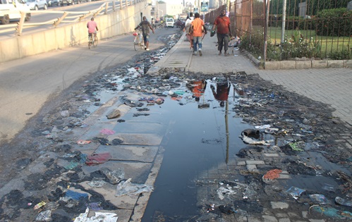 A drain along the Graphic Road choked with plastic waste. Picture: ESTHER ADJORKOR ADJEI