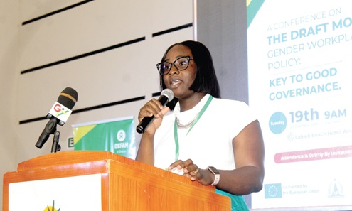 Thelma Akyere Hayford (inset), Gender Advisor, OXFAM, addressing the participants. Picture: ESTHER ADJORKOR ADJEI