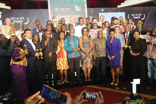President Akufo-Addo (4th from right) with some of the award winners after the ceremony in Accra