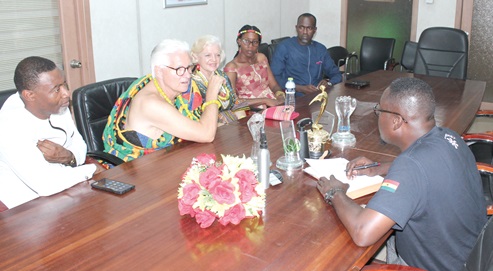 Randy Grebe (2nd from left), Director, Logos Hope Ship, speaking with Kester Aburam Korankye (right), Graphic reporter. With him are Dr Lawrence Tetteh (left), an evangelist; Kim Grebe (middle), wife of Randy Grebe; Sarah Nyama (4th from left), OM Africa Women of Impact; and Paul Tom Nyama (5th from left), OM Ghana Country Director. Picture: ERNEST KODZI