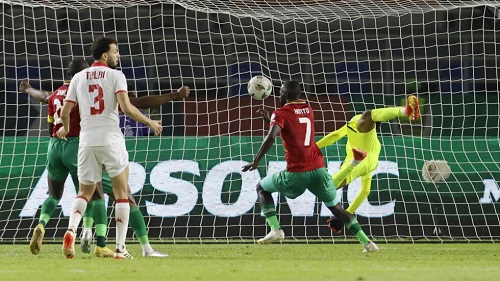 Namibia's Deon Hotto scores the first goal against Tunisia at Stade Amadou Gon Coulibaly in Korhogo, Ivory Coast on January 16, 2024. © Luc Gnago, Reuters
