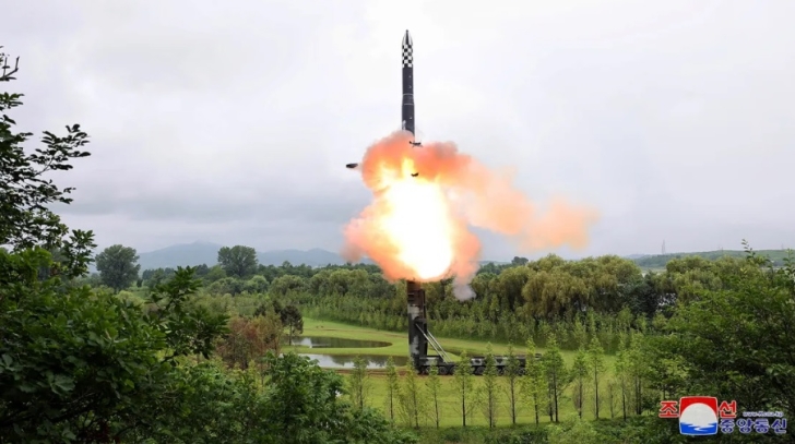 A ballistic missile is launched from an undisclosed location in North Korea on July 13, 2023.