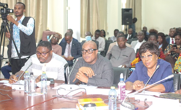 Samuel Adjidjonu (middle), Deputy Managing Director, Operations and Engineering,  ECG, flanked by Ebenezer Baiden (left), General Manager, Energy Acquisition and Risk Management, ECG, and Esther Walter-Quaye, Director, Finance, ECG, during their appearance at the Public Accounts Committee of Parliament. Picture: MAXWELL OCLOO