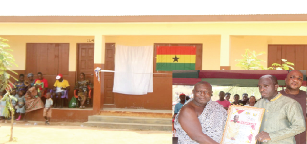 The new school block. inset: Torgbui Fiti (left) presenting a citation to Felix Akonta Akakpo