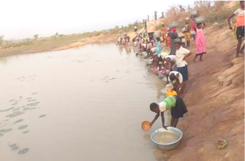 Some residents of Sibi fetching water from a dam, their only source of water. The dam was constructed by John Oti Bless, the Member of Parliament for Nkwanta-North in 2017. They share this source of water with livestock. Picture: Timothy Ngnenbe