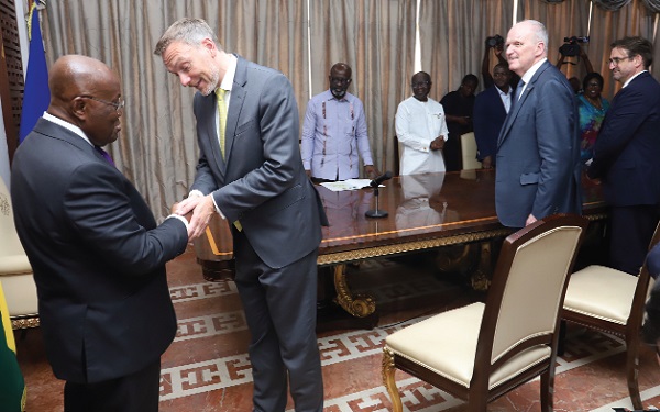 President Akufo-Addo (left), welcoming Christian Lindner, German Minister of Finance, to the Jubilee House. With them are members of his delegation. Picture: SAMUEL TEI ADANO