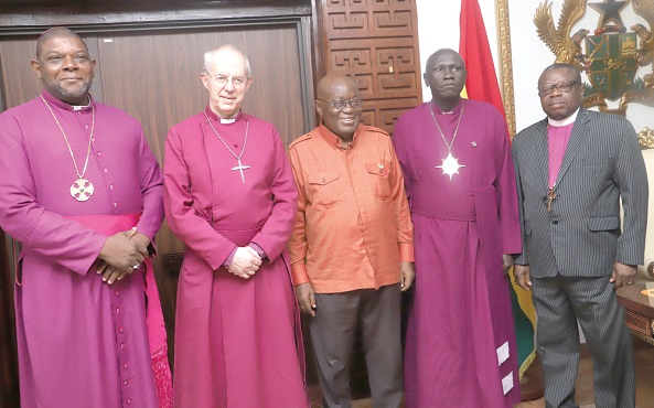 President Akufo-Addo (middle) with Most Rev. and Rt. Honourable Justin Welby (2nd from left), Archbishop of Canterbury, and members of his delegation at the Jubilee House