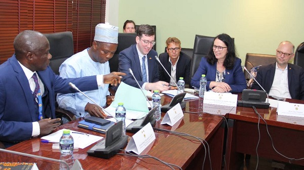 Mr Anyimadu-Antwi (left), the Chairman of the Constitution, Legal and Parliamentary Affairs and the Ranking Member of the Committee, Mr Ahiafor (2nd left), interacting with Ms Winklemeier-Becker, (2nd right), the Chairman of the Committee on Legal Affairs of the Bundestag.