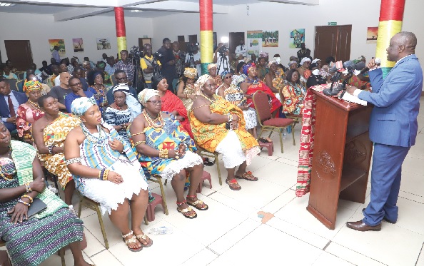 • Yaw Frimpong Addo (right), Deputy Minister of Food and Agriculture, addressing the queenmothers. Picture: SAMUEL TEI ADANO