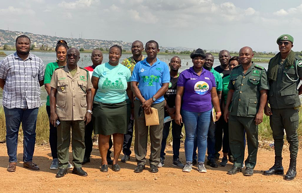 Some staff of the Wildlife Division in a group photo after touring the Densu Delta Ramsar site after the World Wetland Day