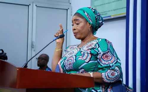Lariba Zuweira Abudu,  Minister of Gender, Children and Social Protection, stressing a point at the press briefing 