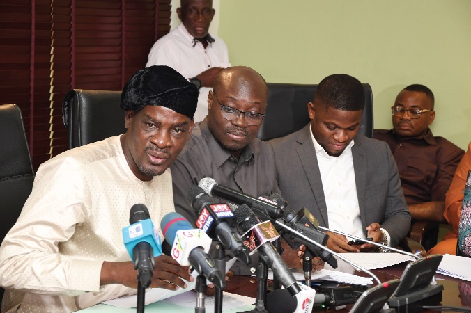 Haruna Iddrisu (left), Minority Leader, addressing the press. Among those with him are James Klutse Avadzi (right), Cassiel Ato Forson (2nd from left), and Sammy Gyamfi, Communications Officer of the NDC. Picture: EBOW HANSON