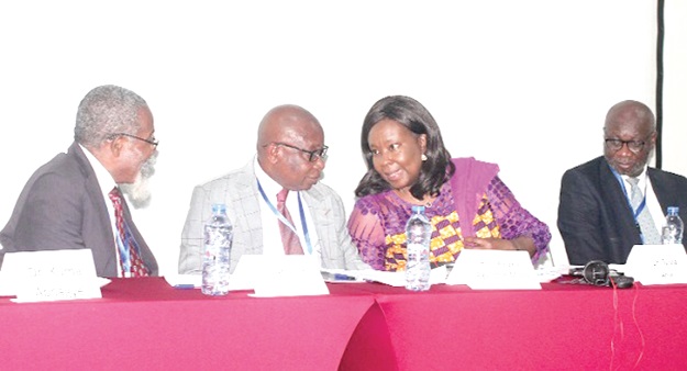 Dr Sylvia Anie (2nd from right) in a chat with Kwaku Agyeman-Manu (2nd from left) during the launch of a £10-million fund to help boost the fight against non-communicable diseases in Africa. With them are Dr John Nkrumah Mills (left), President, Ghana College of Physicians and Surgeons, and Prof. Richard Adanu, Rector, GCPS. Picture: Maxwell Ocloo