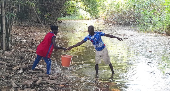 Some residents oi Dawa Trim Djamam fetching water from the polluted stream
