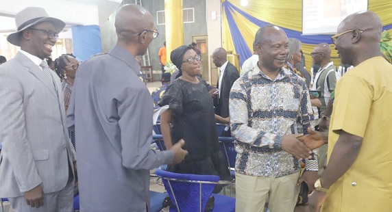 Professor Osei-Wusu Achaw (2nd from right) exchanging pleasantries with some of the retired staff of the university after the launch of the Retirees Welfare Association in Kumasi. Pictures: EMMANUEL BAAH