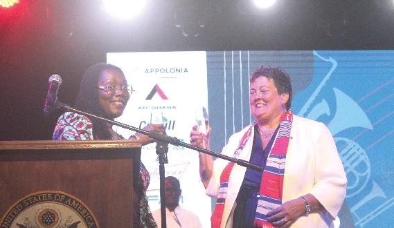Virginia E. Palmer (right), the US Ambassador to Ghana, and Ursula Owusu-Ekuful (left), the Minister of Communications and Digitalisation, in a toast to mark the 247th Independence Day anniversary. Picture: ESTHER ADJORKOR ADJEI