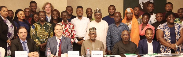 Baba Gana Wakil (seated in the middle), Resident Representative, ECOWAS with Peter Smidt Van Gelder (seated 2nd from left), Deputy Head of Mission, European Union Delegation to Ghana; Daniel Krull (seated left), German Ambassador to Ghana; Solomon Okai (seated right), Programme Officer, Foundation for Security and Development in Africa and some participants after the workshop. Picture: ELVIS NII NOI DOWUONA