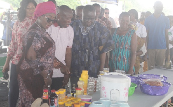 Abla Dzifa Gomashie (left) and Kwabena Agyei Agyepong (2nd from left) inspecting some of the cooking ingredient. With them are Yaw Frimpong Addo (3rd from left) and  Gladys K.W. Kinyuah (4th from right), Commercial Attache, Kenya High Commission, Ghana,­ with some other participants.  Picture: ESTHER ADJORKOR ADJEI