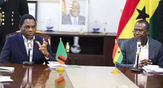 Hakainde Hichilema (left), President of Zambia, in a discussion with Dr Joseph Siaw Agyepong, Executive Chairman of Jospong Group