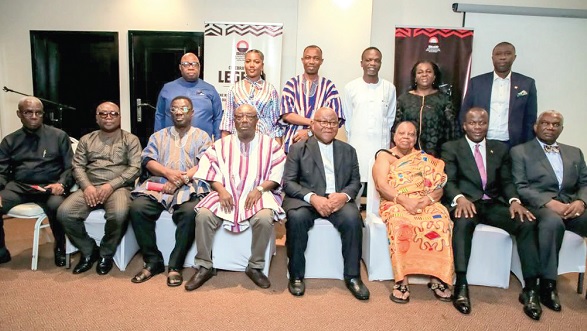 Prof. Aaron Mike Oquaye (4th from right), former Speaker of Parliament; Dr Nana Susubiribi Krobea Asante (3rd from right), Paramount Chief of Asante Asokore; Samuel Abu Jinapor (2nd from right), Minister of Lands and National Resources, and other invited guests and speakers at the symposium