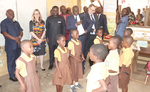 Anna Bjerde (2nd from left), Managing Director of Operations, World Bank, and Rev. John Ntim Fordjour (3rd from left), Deputy Minister of Education, looking on as Class 2 pupils of New Gbawe Municipal Assembly Basic School dialogue during the working visit. Picture: ELVIS NII NOI DOWUONA